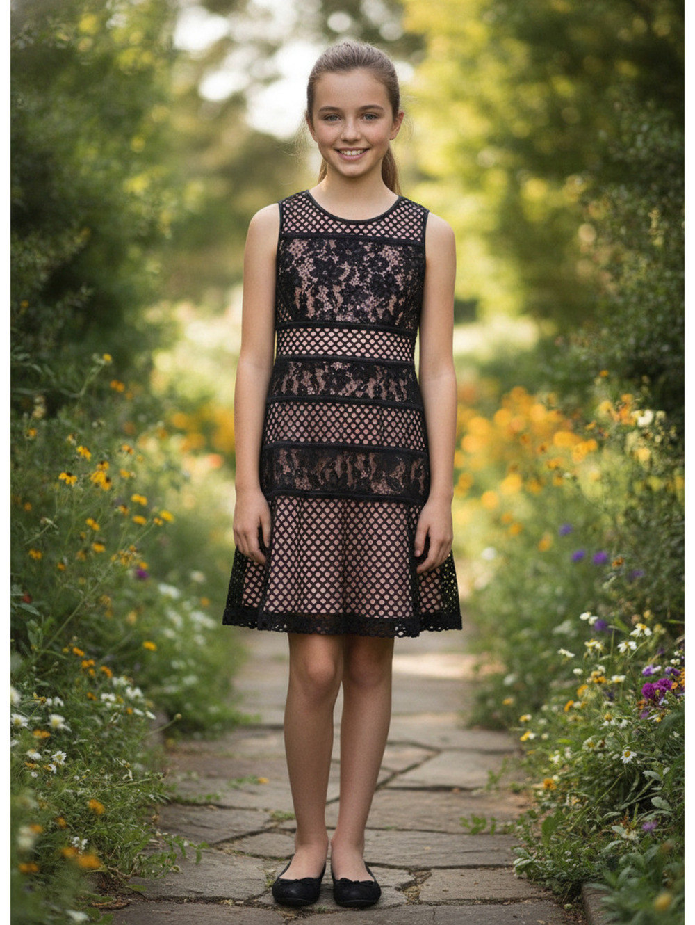 The Children's Place Girls Navy Blue Pink Lace Dress Size 12 Sleeveless Party